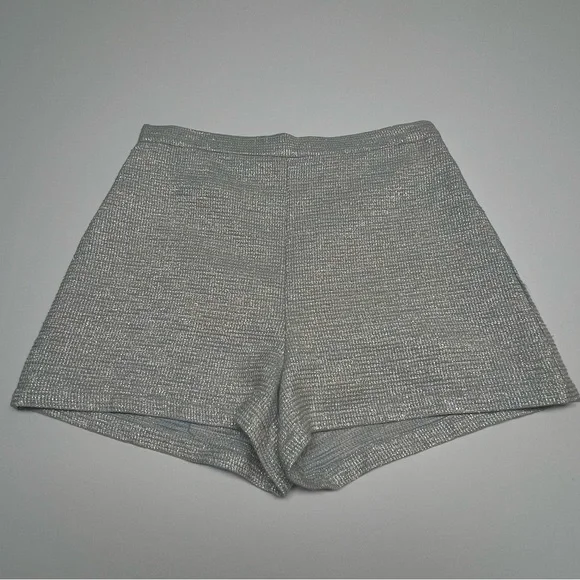 LAVENDER BROWN Silver Blue Tweed Shorts L High Waist Textured Lined Dressy Chic - Picture 2 of 14